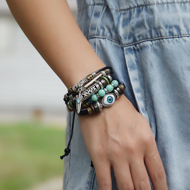 Pulsera De Cuero Con Cuentas De Ojos Azules al por mayor